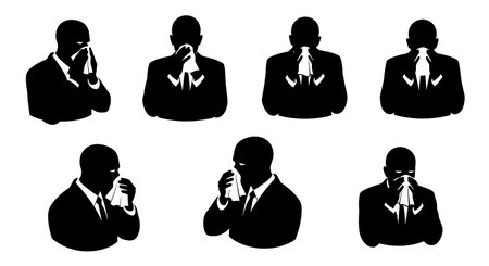 Black Solid Agents Blowing Nose Silhouettes Set of Six isolated on plain white background.のイラスト素材
