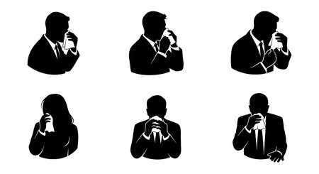 Black Solid Agents Blowing Nose Silhouettes Set of Six isolated on plain white background.のイラスト素材
