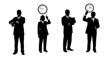 Black Solid Agents Checking Time Silhouettes Set of Six isolated on plain white background.のイラスト素材