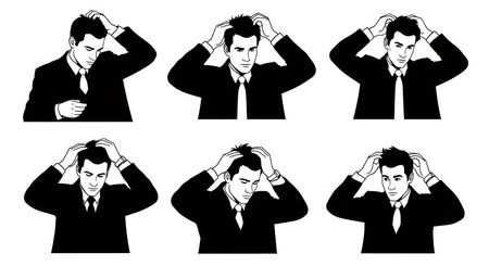 Black Solid Agents Adjusting Hair Silhouettes Set of Six isolated on plain white background.のイラスト素材