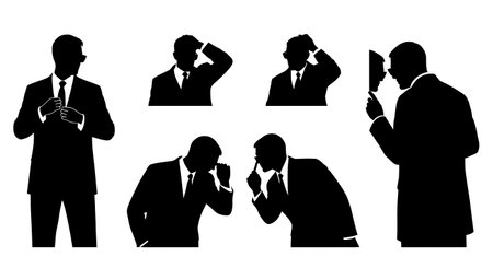 Black Solid Agents Checking Reflection Silhouettes Set of Six isolated on plain white background.のイラスト素材