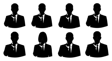 Black Solid Agents Mute Gesture Silhouettes Set of Six isolated on plain white background.のイラスト素材