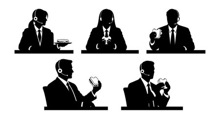 Black Solid Call Center Agents Eating Lunch Silhouettes Set of Six on White Background isolated on plain white background.のイラスト素材