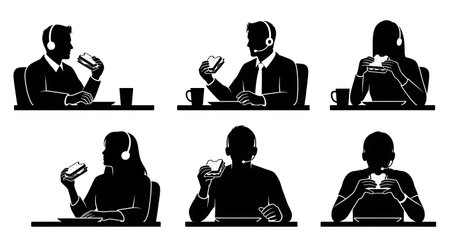 Black Solid Call Center Agents Eating Lunch Silhouettes Set of Six on White Background isolated on plain white background.のイラスト素材