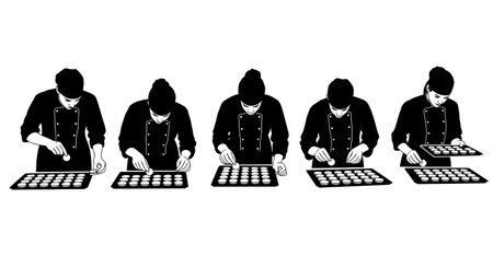 Black Solid Bakers Arranging Macarons Set of Six on White Background isolated on plain white background.のイラスト素材