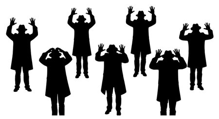 Black Solid Agents Hands Up Surrender Silhouettes Set of Six on White Background isolated on plain white background.のイラスト素材