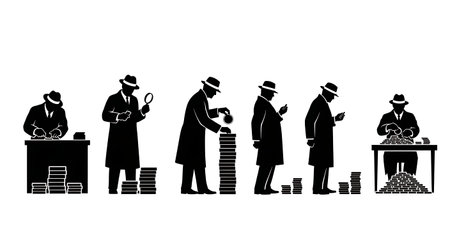 Black Solid Agents Stacking Coins Silhouettes Set of Six isolated on plain white background.のイラスト素材