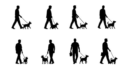Black Solid Agents Walking Dog Silhouettes Set of Six isolated on plain white background.のイラスト素材