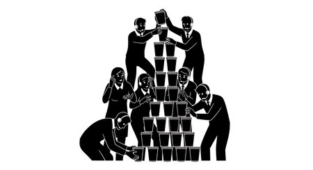 Black Solid Agents Stacking Paper Cups Silhouettes Set of Six on White Background isolated on plain white background.のイラスト素材