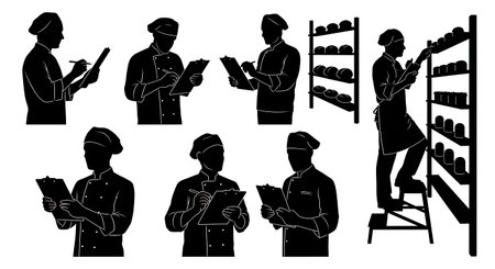 Black Solid Bakers Checking Inventory Set of Six on White Background isolated on plain white background.のイラスト素材