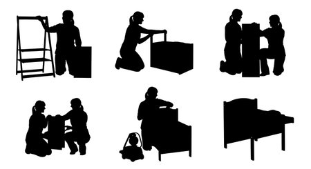 Black Solid Baby Store Associates with Strollers Set of Six on White Background isolated on plain white background.のイラスト素材