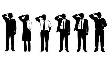 Black Solid Agents Wiping Sweat Silhouettes Set of Six on White Background isolated on plain white background.のイラスト素材