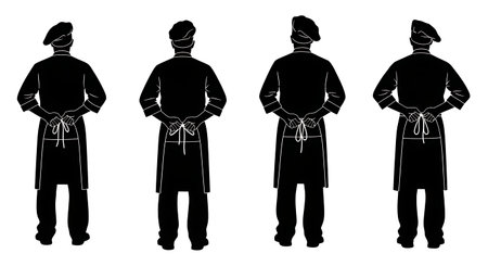 Black Solid Bakers Tying Aprons Set of Six on White Background isolated on plain white background.のイラスト素材