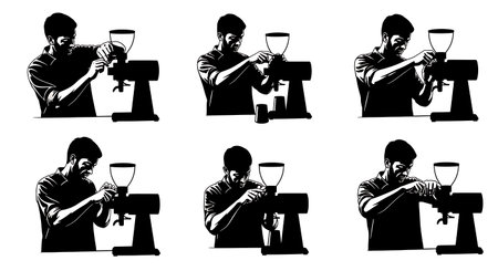 Black Solid Baristas Adjusting Grinder Silhouettes Set of Six on White Background isolated on plain white background.のイラスト素材
