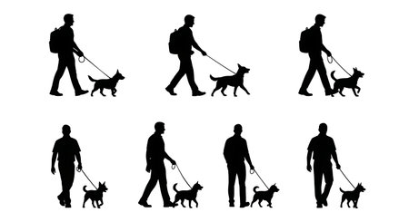Black Solid Agents Walking Dog Silhouettes Set of Six isolated on plain white background.のイラスト素材