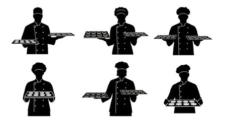 Black Solid Bakers Holding Cookie Trays Set of Six on White Background isolated on plain white background.のイラスト素材
