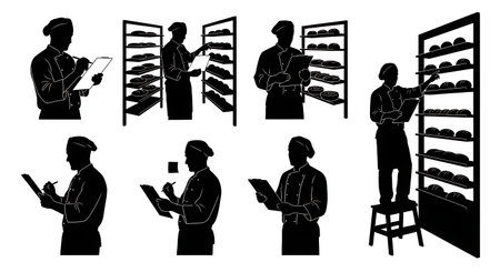 Black Solid Bakers Checking Inventory Set of Six on White Background isolated on plain white background.のイラスト素材