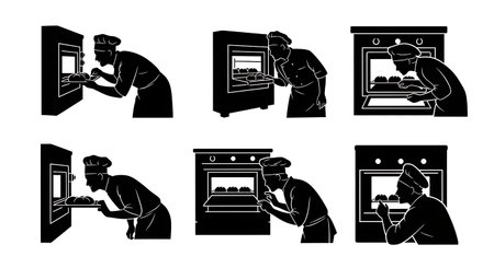 Black Solid Bakers Looking into Ovens Set of Six on White Background isolated on plain white background.のイラスト素材