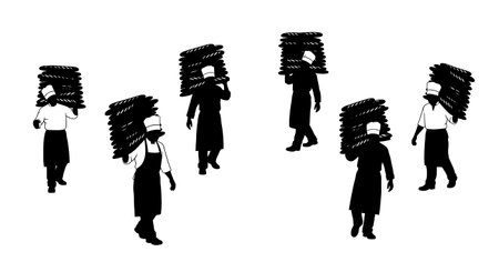 Black Solid Bakers Carrying Baguettes Set of Six on White Background isolated on plain white background.のイラスト素材
