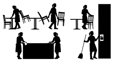 Black Solid Baristas Arranging Chairs Silhouettes Set of Six on White Background isolated on plain white background.のイラスト素材
