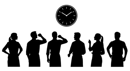 Black Solid Baristas Checking Clock Silhouettes Set of Six on White Background isolated on plain white background.のイラスト素材