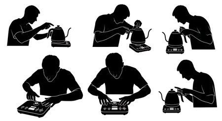 Black Solid Baristas Digital Kettle Silhouettes Set of Six on White Background isolated on plain white background.のイラスト素材