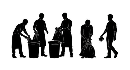 Black Solid Baristas Changing Trash Silhouettes Set of Six on White Background isolated on plain white background.のイラスト素材