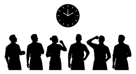 Black Solid Baristas Checking Clock Silhouettes Set of Six on White Background isolated on plain...