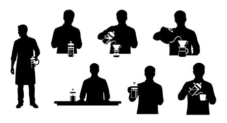 Black Solid Baristas French Press Silhouettes Set of Six on White Background isolated on plain white background.のイラスト素材