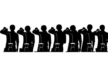 Black Solid Baristas Pour Over Kettle Silhouettes Set of Six on White Background isolated on plain white background.のイラスト素材