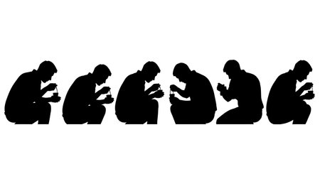 Black Solid Baristas Watching Extraction Silhouettes Set of Six on White Background isolated on plain white background.のイラスト素材