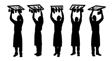 Black Solid Bartenders Adjusting Glass Racks Set of Six on White Background isolated on plain white background.のイラスト素材