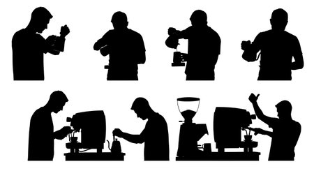 Black Solid Baristas Refilling Water Tank Silhouettes Set of Six on White Background isolated on plain white background.のイラスト素材