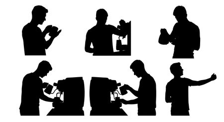 Black Solid Baristas Refilling Water Tank Silhouettes Set of Six on White Background isolated on plain white background.のイラスト素材