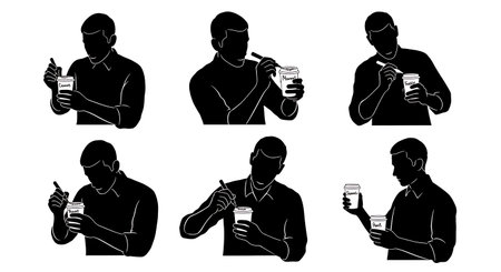 Black Solid Baristas Writing on Cups Silhouettes Set of Six on White Background isolated on plain white background.のイラスト素材