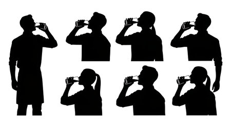 Black Solid Bartenders Drinking Water Set of Six on White Background isolated on plain white background.のイラスト素材