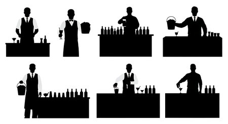 Black Solid Bartenders Carrying Ice Buckets Set of Six on White Background isolated on plain white background.のイラスト素材