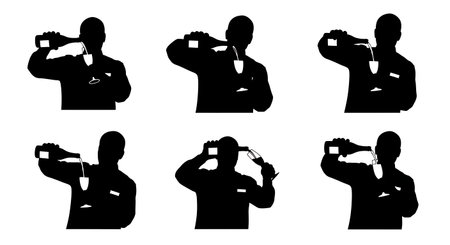 Black Solid Bartenders Pouring Champagne Set of Six on White Background isolated on plain white background.のイラスト素材