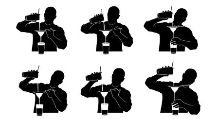 Black Solid Bartenders Using Hawthorne Strainers Set of Six on White Background isolated on plain white background.のイラスト素材