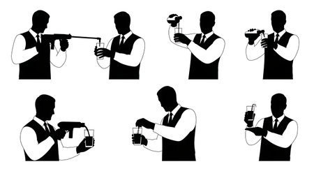 Black Solid Bartenders Using Soda Guns Set of Six on White Background isolated on plain white background.のイラスト素材