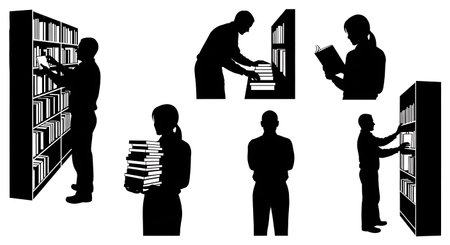 Black Solid Bookstore Sales Clerks Shelving Set of Six on White Background isolated on plain white background.のイラスト素材