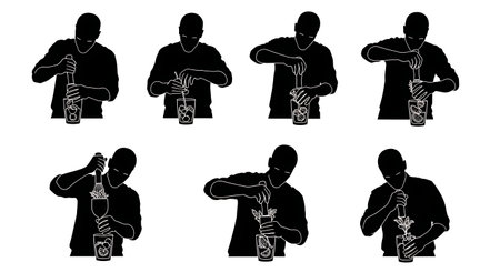 Black Solid Bartenders Muddling Ingredients Set of Six on White Background isolated on plain white...