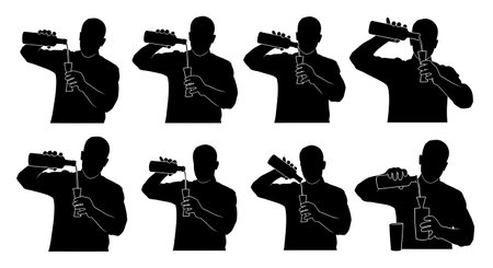 Black Solid Bartenders Using Jiggers Set of Six on White Background isolated on plain white background.のイラスト素材