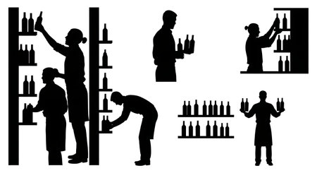 Black Solid Bartenders Restocking Bottles Set of Six on White Background isolated on plain white background.のイラスト素材