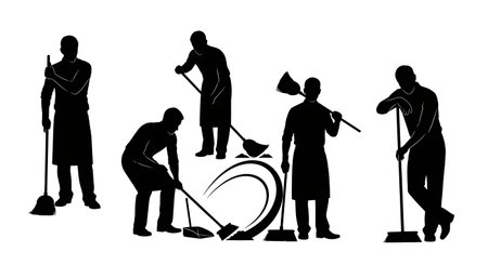 Black Solid Bartenders Sweeping Floors Set of Six on White Background isolated on plain white background.のイラスト素材