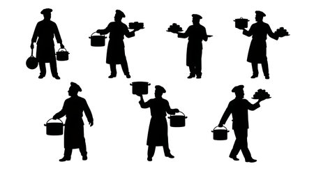 Black Solid Chef Carrying Pot Silhouettes Set of Six isolated on plain white background.のイラスト素材