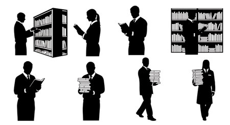 Black Solid Bookstore Sales Clerks Shelving Set of Six on White Background isolated on plain white background.のイラスト素材