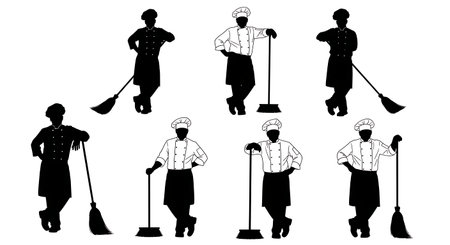 Black Solid Chef Cleaning Broom Silhouettes Set of Six isolated on plain white background.のイラスト素材
