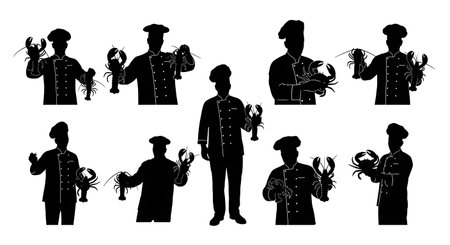 Black Solid Chef Holding Lobster Silhouettes Set of Six isolated on plain white background.のイラスト素材