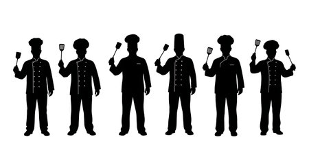 Black Solid Chef Holding Spatula Silhouettes Set of Six isolated on plain white background.のイラスト素材